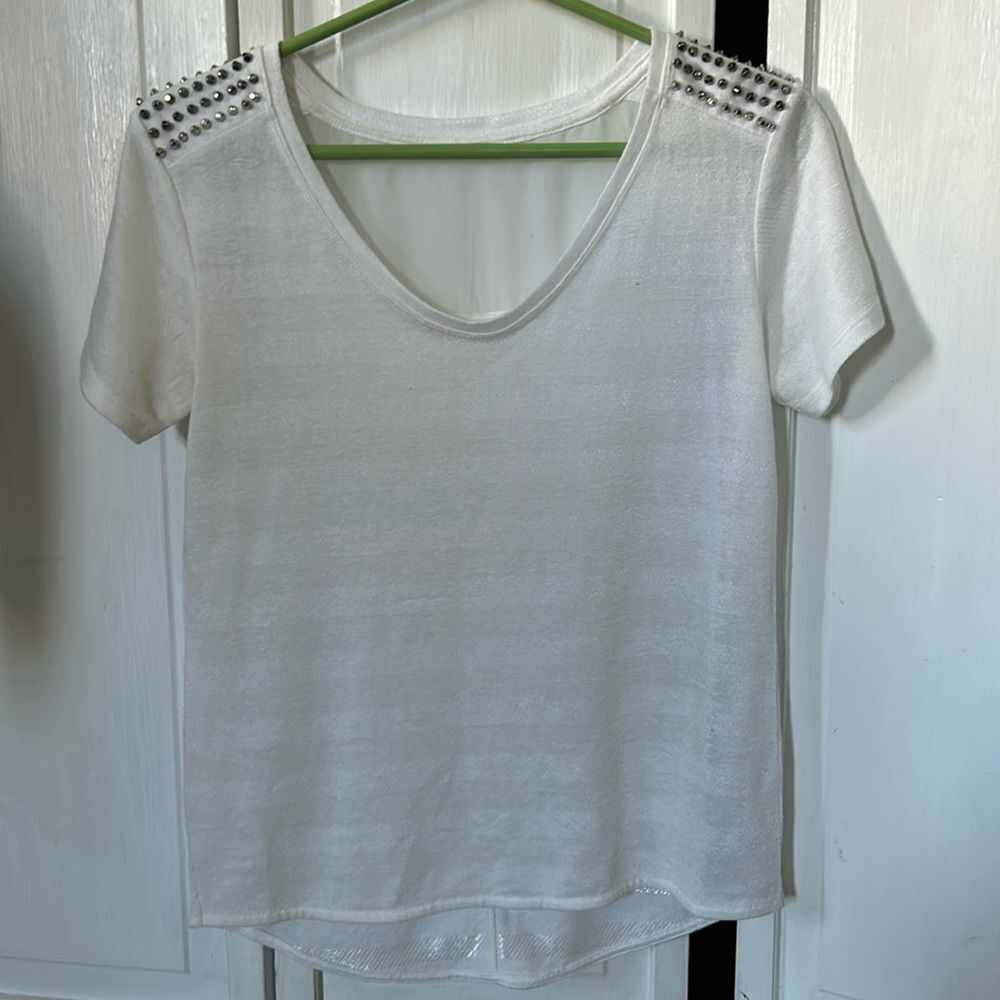 Karen Millen studded white monochrome blouse with sheer back - Size 2